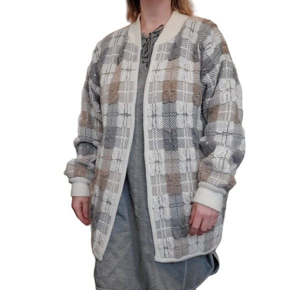 Vintage 70s Womens Chunky Knit Oversized Cardigan Plaid Open Front Textured Sz L - Picture 2 of 11